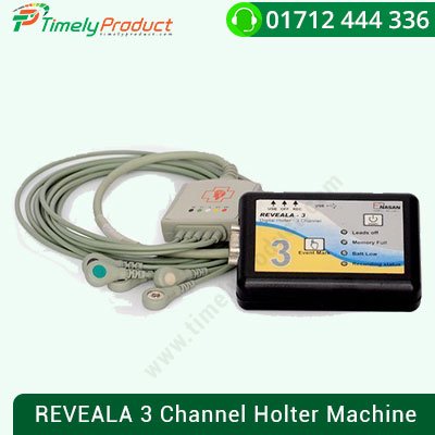 REVEALA 3 Channel Holter Machine The 3-channel solid state Digital Holter system records and enables electro-cardiogram classification, analysis, review, and reporting, arrhythmic disorders. Dimensions: L 108 X B 69 X H 41 mm Weight: 200 gms. The 3 channel solid state Digital Holter system records and enables electrocardiogram, arrhythmic disorders to be classified, analyzed, reviewed and reported. Key Feature Available in models of 3 and 12 channels Detects 12 arrhythmia types. Analysis of cardiac rate variability (HRV)